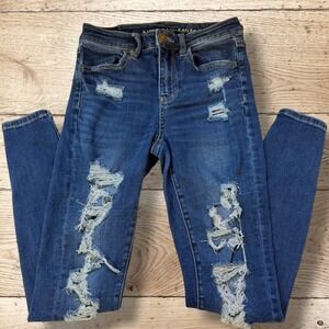 AMERICAN EAGLE Hi‎ Rise Distressed Skinny Jegging Jeans Blue Womens Size 2